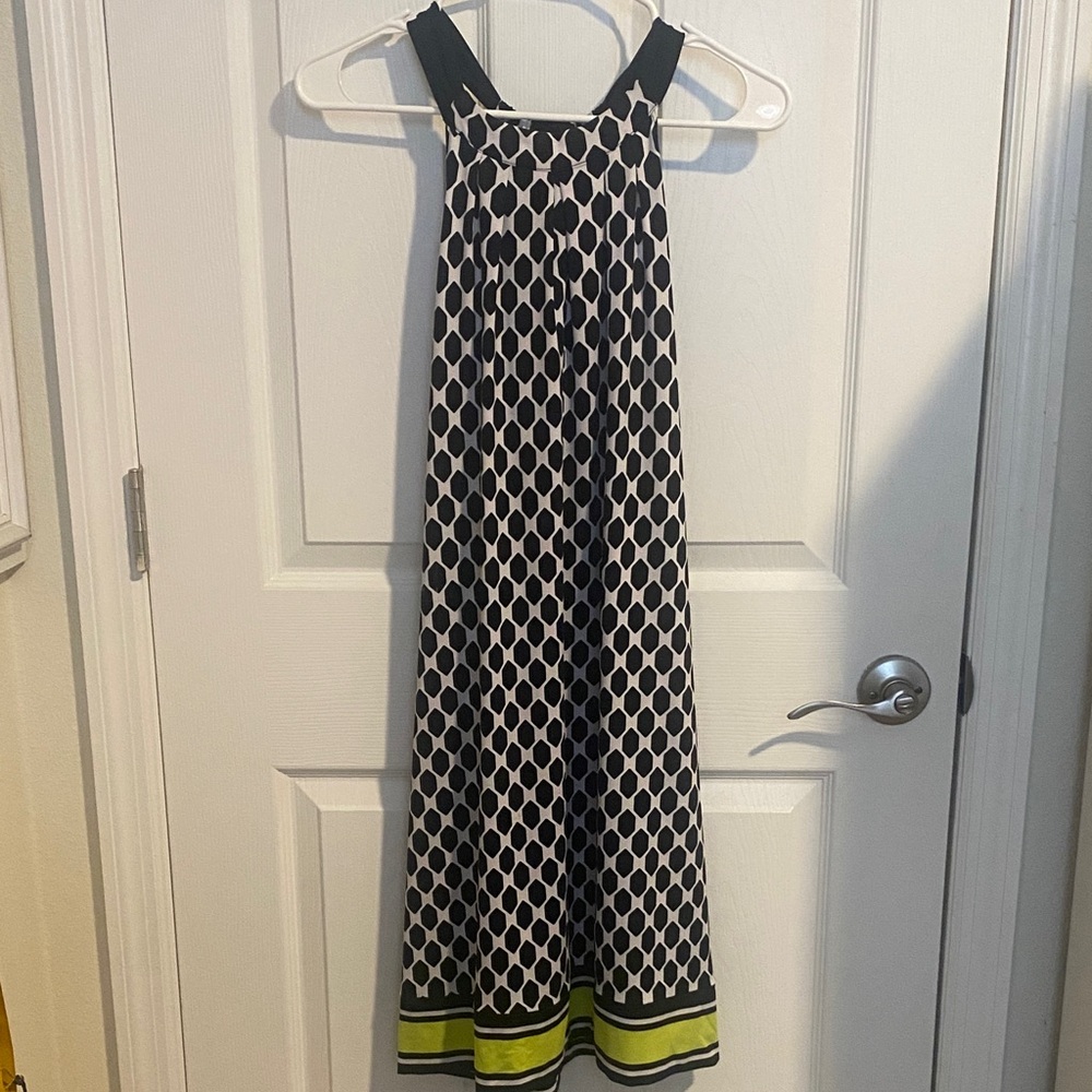 Mud Pie Black & White Geometric Midi Dress with Lime Border